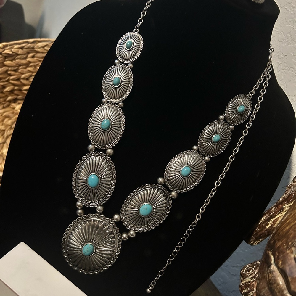 Turquoise and silver fashion necklace with earrings included